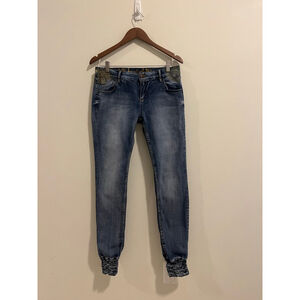 Desigual Blue Gold Embroidered Ankle Jogger Skinny Low Rise Jeans Stretch Sequin